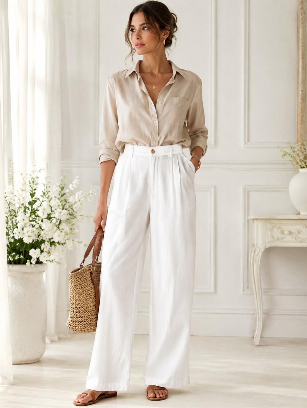 Dictionary White Linen Blend Wide Leg Pants | Size: XL 16 | High Rise Trouser